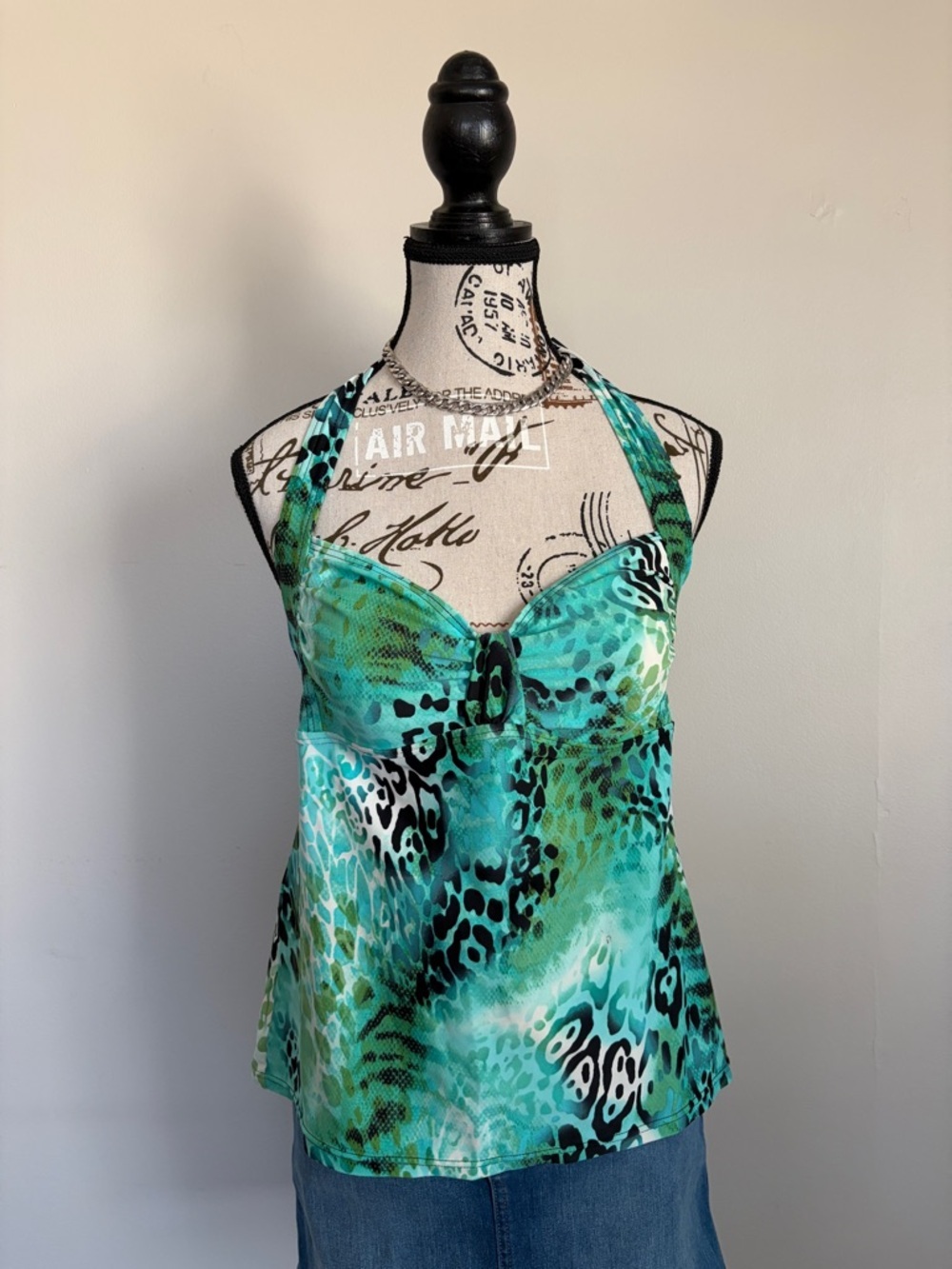 Y2K Teal Animal Print Tankini Halter Top